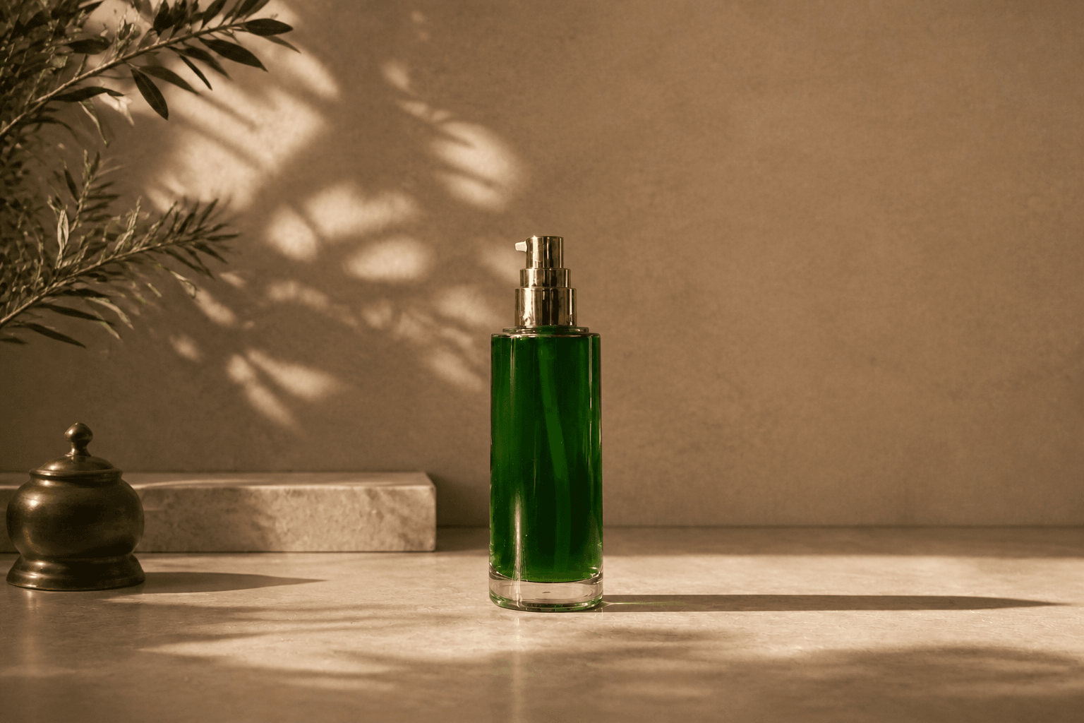 Hirudin serum bottle in a warm apothecary still life